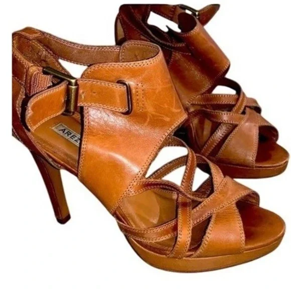 Vintage Arezzo Leather Strappy Heels‎ Sandals Open Toe Buckle Up Brown - Picture 1 of 4